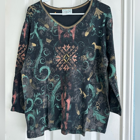 Cactus Bay Tops - NWOT Cactus Bay Black Sz XXL Tribal Aztec Embellished 3/4 Sleeves Y2K Festival